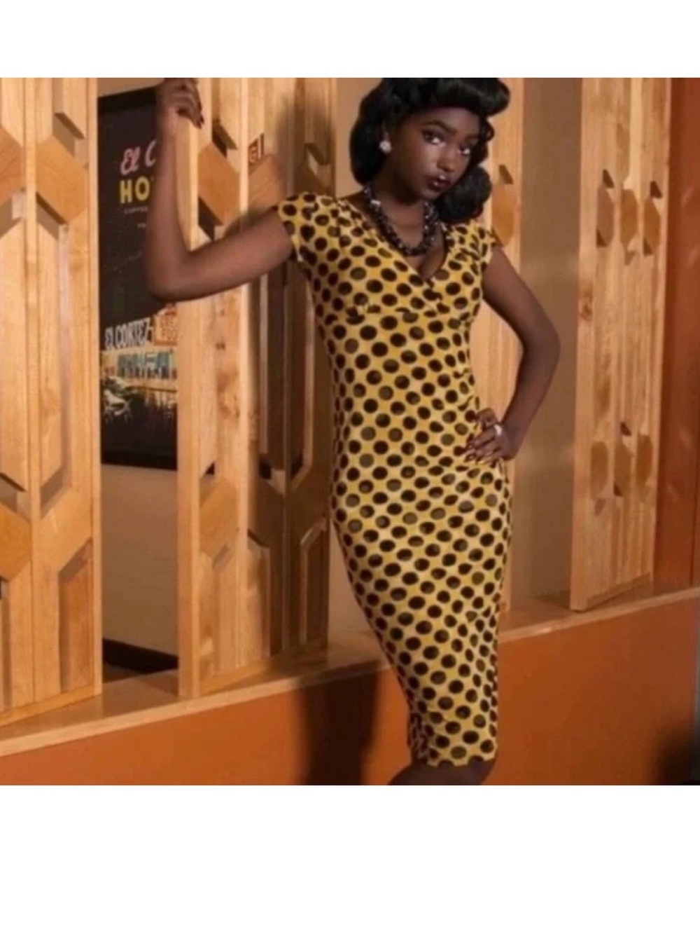 Bettie Page Yellow and Black Polka Dot V‑Neck Midi Dress